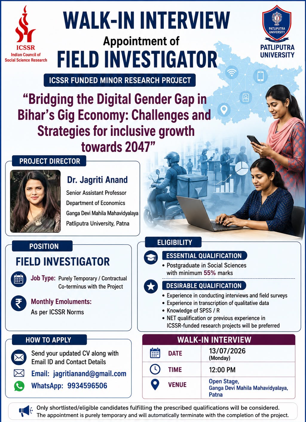 Advertisement for Appointment of Field Investigator and Research Assistant in ICSSR funded Minor Research Project